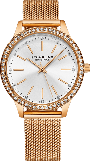 Women's Quartz Watch Crystal Studded Rose Gold Tone Stainless Steel Case Silver Dial Rose Hands and Markers Rose Mesh Bracelet