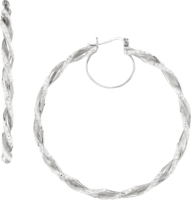 Crystal Pave Twist Style Medium Hoop Earrings, 2"