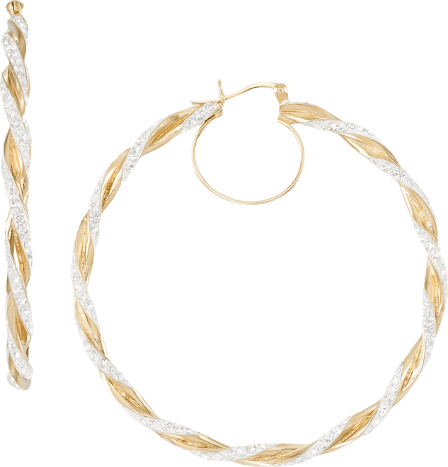Crystal Pave Twist Style Medium Hoop Earrings, 2"