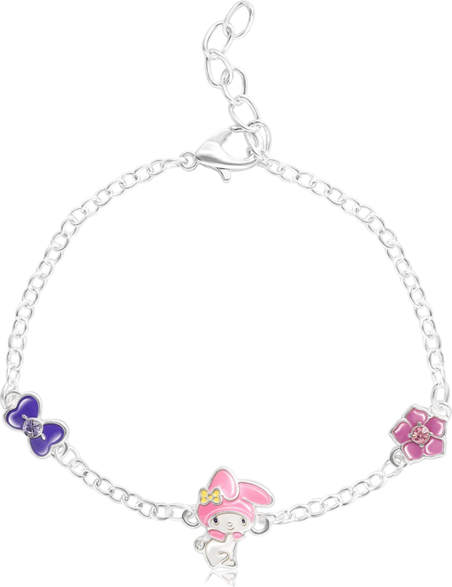 Sanrio  and Friends Womens Silver Plated Bracelet with Flower and Bow Charm Pendants, 6.5 + 1", Officially Licensed