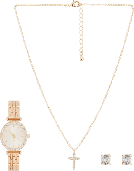 Women's Analog Shiny Gold-Tone Metal Bracelet Watch 34mm with Necklace Earring Set