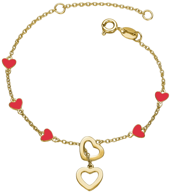 14K Gold Plated Double Halo Dangle & Red Heart Enamel Station Charm Bracelet, Adjustable
