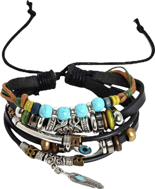 Women's Black Boho Leather Stack Bracelet