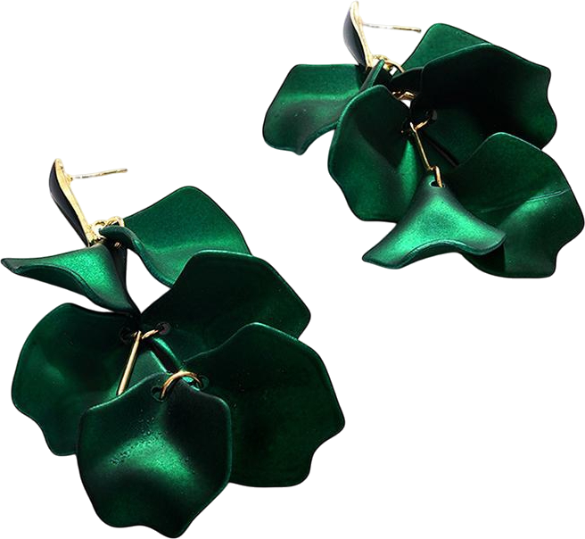Women's Green Metallic Petal Drop Earrings