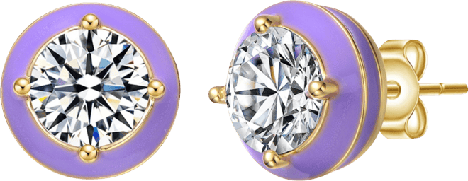 Young Adults/Teens 14k Yellow Gold Plated with Cubic Zirconia Purple Enamel Round Halo Stud Earrings