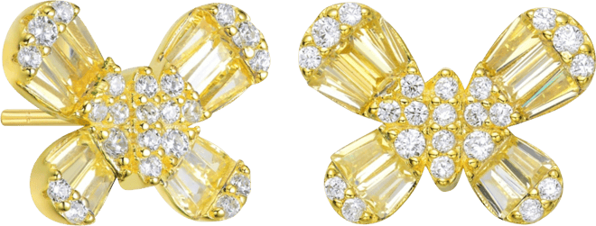 Teens/Young Adults Sterling Silver with Baguette and Clear Round Cubic Zirconia Butterfly Stud Earrings