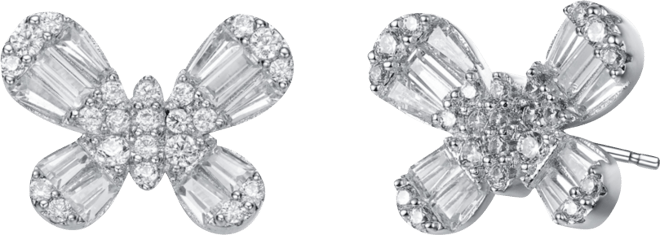 Teens/Young Adults Sterling Silver with Baguette and Clear Round Cubic Zirconia Butterfly Stud Earrings