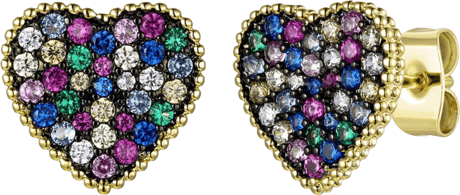 14k Gold Plated with Multi-Colored Cubic Zirconia Pave Heart Stud Earrings