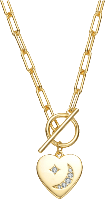 Teens/Young Adults 14K Gold Plated Cubic Zirconia Moon and Star Heart Charm Necklace