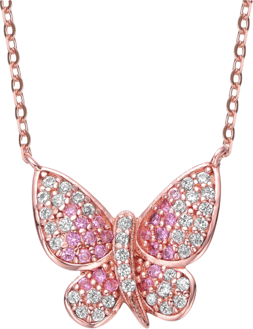 Kid/Teens Sterling Silver 18K Rose Gold Plated Red Cubic Zirconia Butterfly Spring Ring Adjustable Necklace