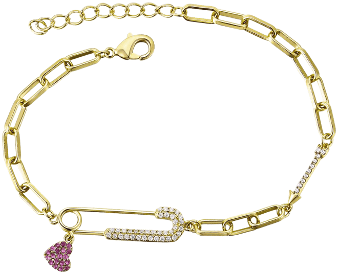 Gigi Girl Kid's/Young Teen 14k Gold Plated with Pink & Cubic Zirconia Safety Pin Dangle Heart Charm Adjustable Bracelet