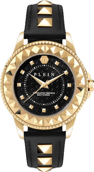 Women's Lady Rock Gold-Tone Studded Black Leather Strap Watch 38mm