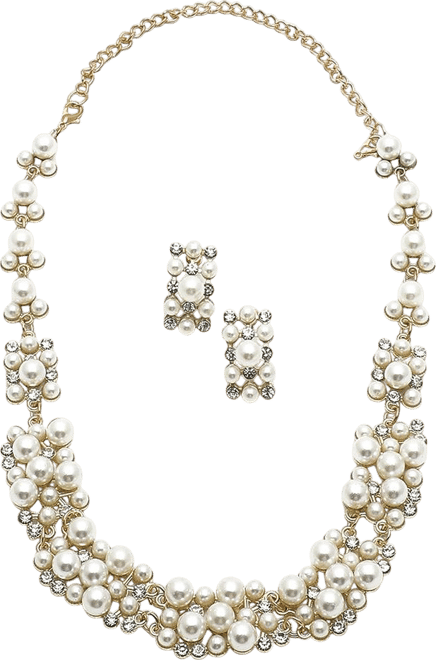 Women's White Pearl Cluster Necklace And Earrings (7-8 mm) (Set Of 2)