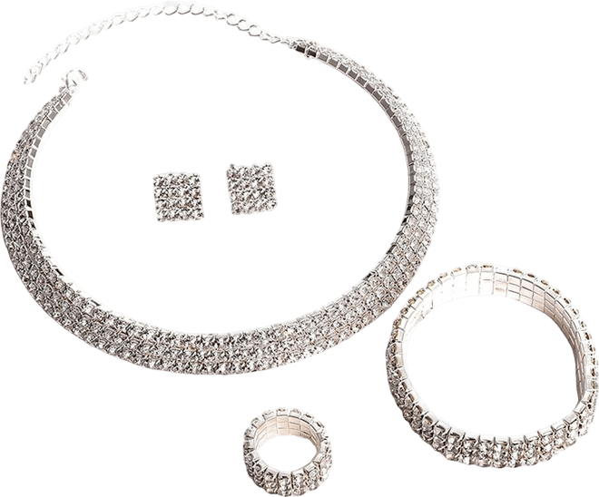 Women's Silver Bling Strand Necklace, Earrings, Bracelet And Ring (Set Of 4)