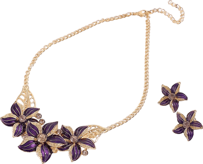 Women's Purple Enamel Flower Necklace And Earrings (Set Of 2)