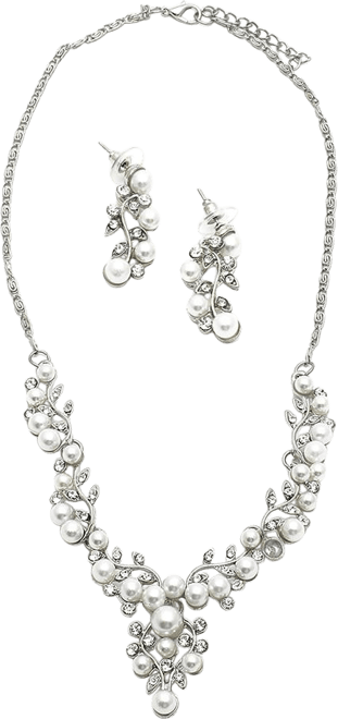 Women's White Pearl Cluster Necklace And Earrings (7-8 mm) (Set Of 2)