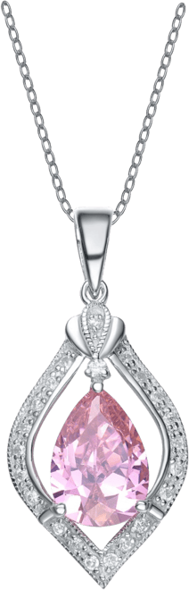 Sterling Silver White Gold Plated with Pink Teardrop and White Cubic Zirconia Pendant