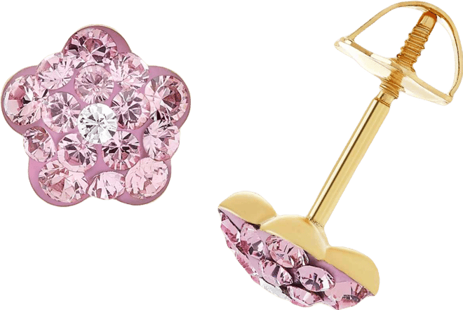 Children's Pink Crystal Flower Stud Earrings in 14k Gold