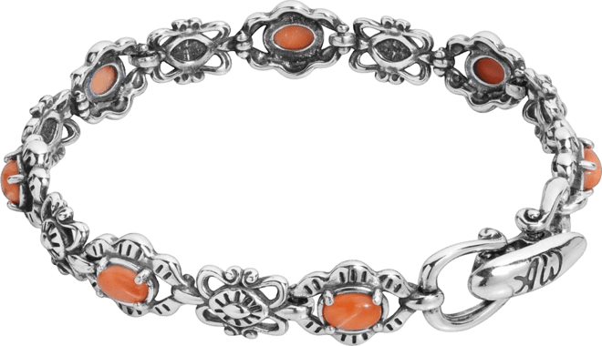 American West Sterling Silver Women's Link Bracelet Oval Orange Spiny Oyster Gemstone Size Small