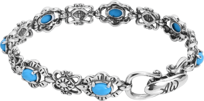 Sterling Silver Women's Link Bracelet Oval Blue Turquoise Gemstone Size Small