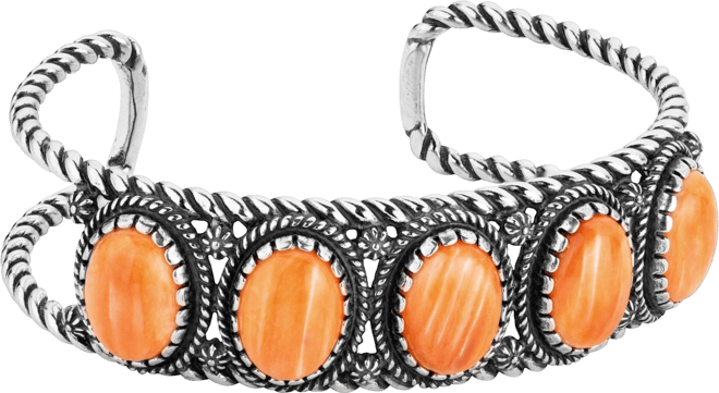 Sterling Silver Women's Cuff Bracelet Orange Spiny Gemstone 5-Stone Design Size Small