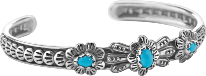 American West Sterling Silver Women's Cuff Bracelet Sleeping Beauty Turquoise Gemstone Flower Concha Design Size Small
