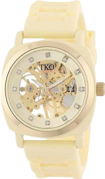 Women's Cream Mechanical Movement Skeleton Watch with Rubber Band