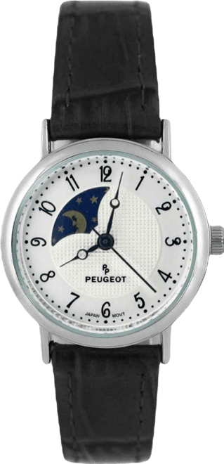 Women's 26mm Sun-Moon Phase Silver Watch with Black Leather Strap