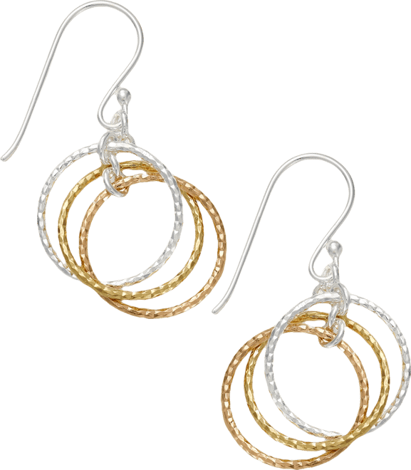 Tri-Tone Interlocking Circle Drop Earrings in Sterling Silver, Gold-Plated Sterling Silver and Rose Gold-Plated Sterling Silver, Created