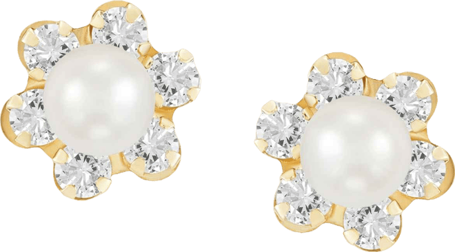 Children's Cultured Freshwater Pearl (3-3/4 mm) and Cubic Zirconia Stud Earrings in 14k Gold