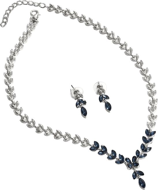 Women's Blue Stone Leaf Necklace And Earrings (Set Of 2)