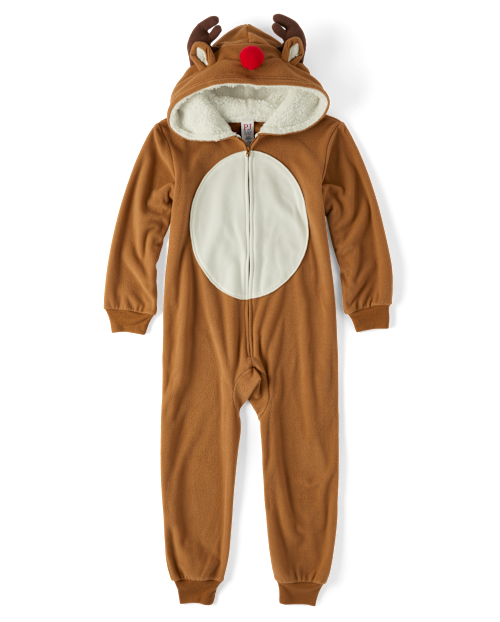 Unisex Kids Matching Family Christmas Long Sleeve Reindeer Microfleece Hooded One Piece Pajamas BROWN The Children s Place