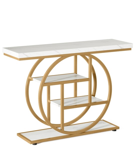 41.3" Console Table, Industrial 4-Tier Sofa Table Entryway Table with Circle Base, Narrow Wood Accent Tables with Shelves, Light Brown