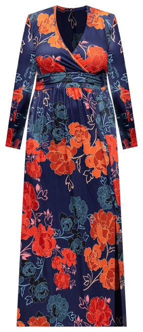 Women's Navy Floral Print Long Sleeve Side Slit Maxi Dress