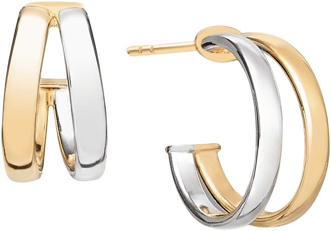 Polished Double Small Huggie Hoop Earrings in 10k Two-Tone Gold, 0.5"