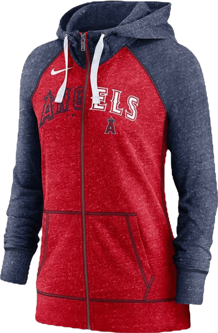 Women's  Heathered Red and Heathered Navy Los Angeles Angels Split Wordmark Gym Vintage-Like Raglan Slub Full-Zip Hoodie