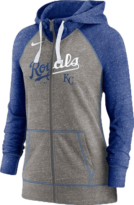 Women's  Heathered Charcoal and Heathered Royal Kansas City Royals Split Wordmark Gym Vintage-Like Raglan Slub Full-Zip Hoodie