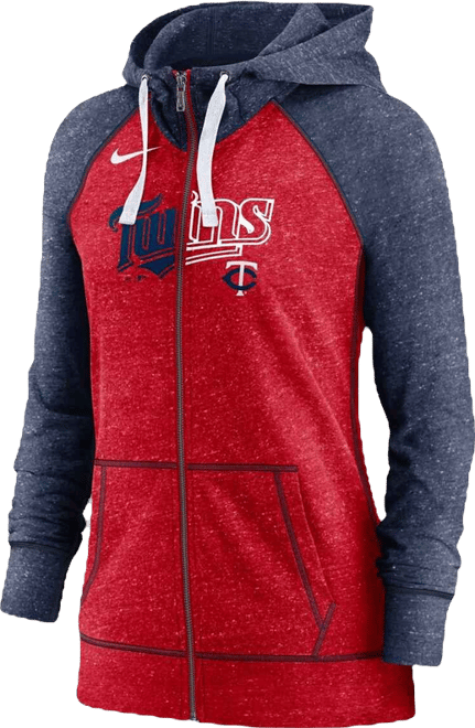 Women's  Heathered Red and Heathered Navy Minnesota Twins Split Wordmark Gym Vintage-Like Raglan Slub Full-Zip Hoodie