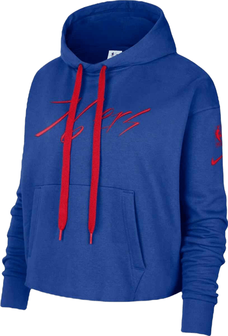 Women's  Royal Philadelphia 76ers Split Flip Courtside Cropped Pullover Hoodie