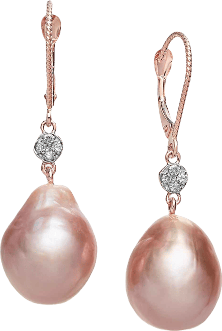 Cultured Pink Baroque Freshwater Pearl (12mm) & Diamond (1/20 ct. t.w.) Drop Earrings in 14k Rose Gold