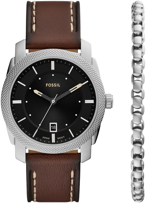 Men's Machine Three-Hand Date Brown Leather Watch and Bracelet Set, 42mm