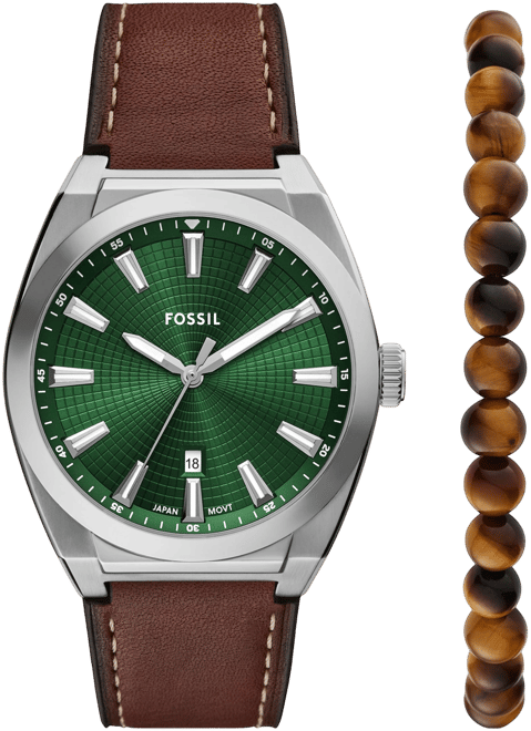 Men's Everett Three-Hand Date Brown Leather Watch and Bracelet Set, 42mm