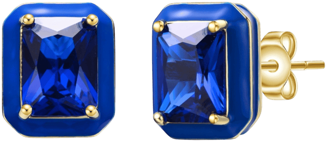 14k Yellow Gold Plated with Blue Cubic Zirconia Radiant Blue Enamel Halo Stud Earrings