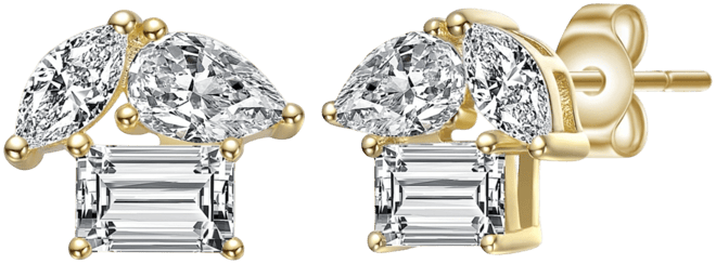 Sterling Silver 14k Gold Plated Marquise & Green Cut Triple Stone Stud Earrings