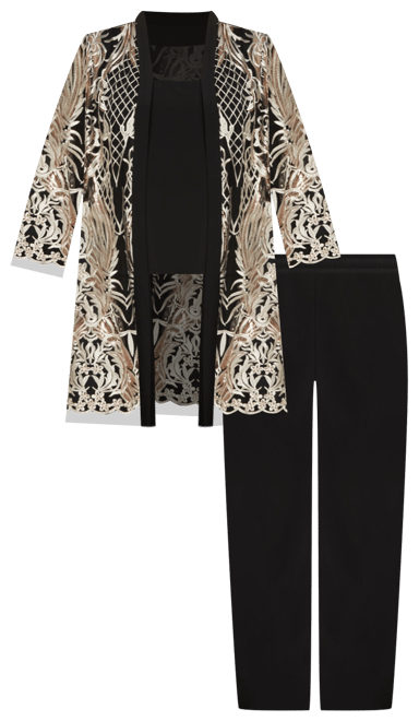 Plus Size Embroidered Duster Jacket, Tank and Pants 3-Pc. Set