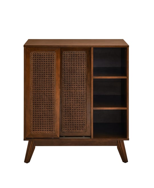 Streamdale Mid Century Rattan Sideboard, Adjustable Shelf, Dark Wood