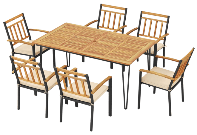 7 Pcs Patio Dining Set with Acacia Wood Dining Table Rattan Armchairs Soft Cushions