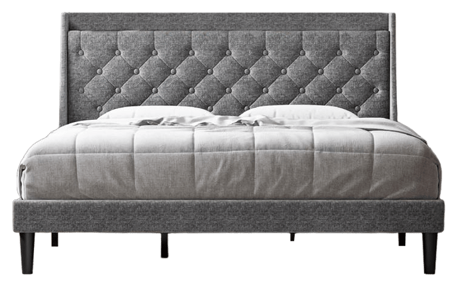 King Size Bed Frame with Upholstered Wingback Headboard, Luxurious Linen Upholstery Platform Bed with Charging Station, Button Tufted Design, N