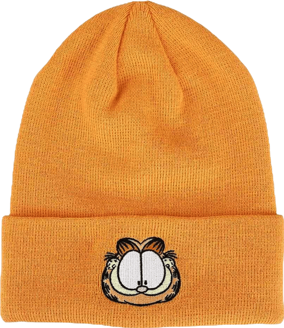 Men's Face Character Cuffed Flat Embroidery Logo on Orange Acrylic Knitted Woven Beanie