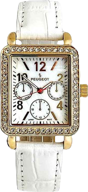 Women's 14K Gold Plated Square Dress Watch with European Crystals and White Leather Band